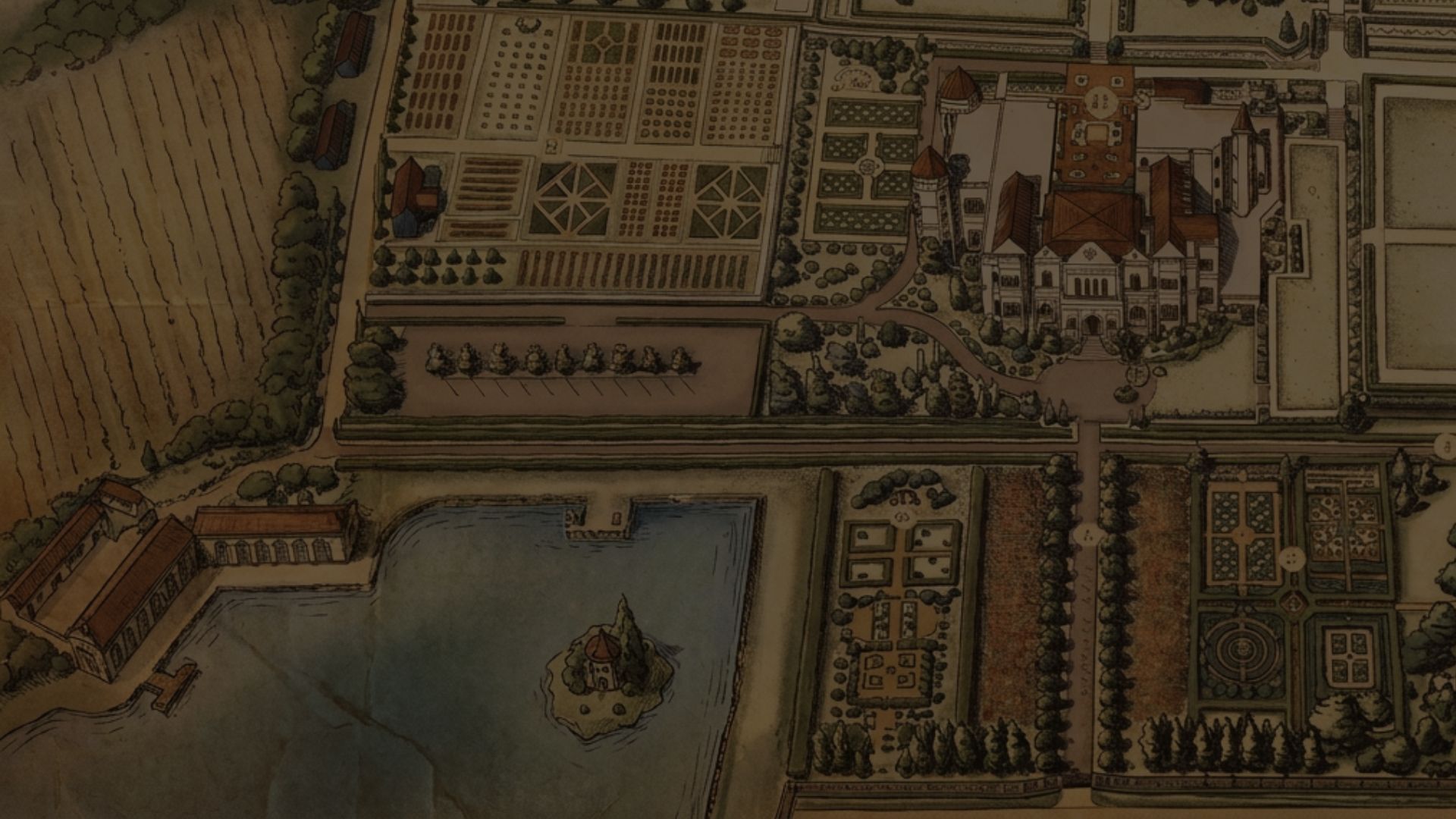 An estate atlas plate, hand-rendered in parallel projection